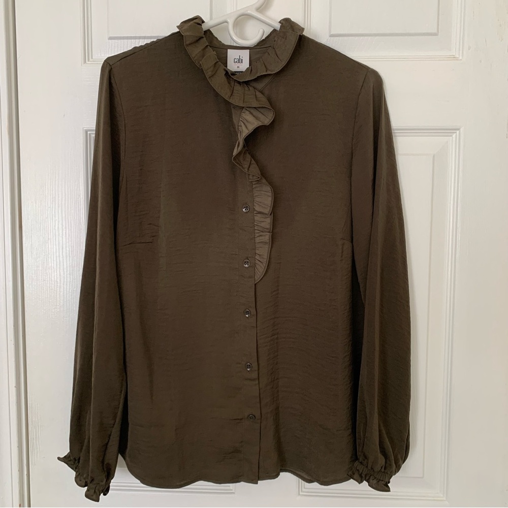 Cabi Olive Green Ruffled Blouse M